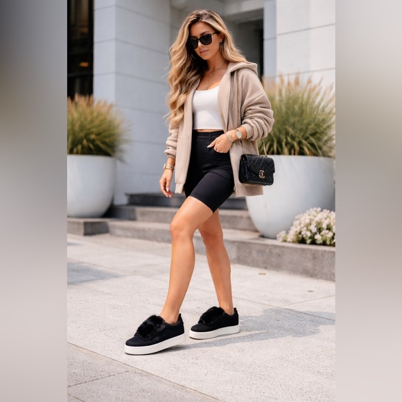 J Slides Shoes - J/SLIDES Faux Fur Pom Pom Satin Platform Lace-Up Black Women’s Sneakers Size 7